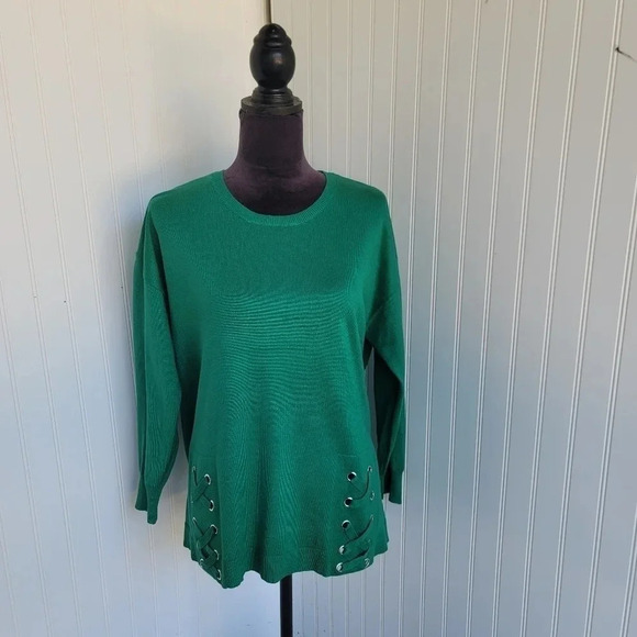 Ashley Stewart Women Knit Sweater Green Rayon Boho 3/4 Sleeve Lace Up Detail 6/8 - Picture 1 of 11